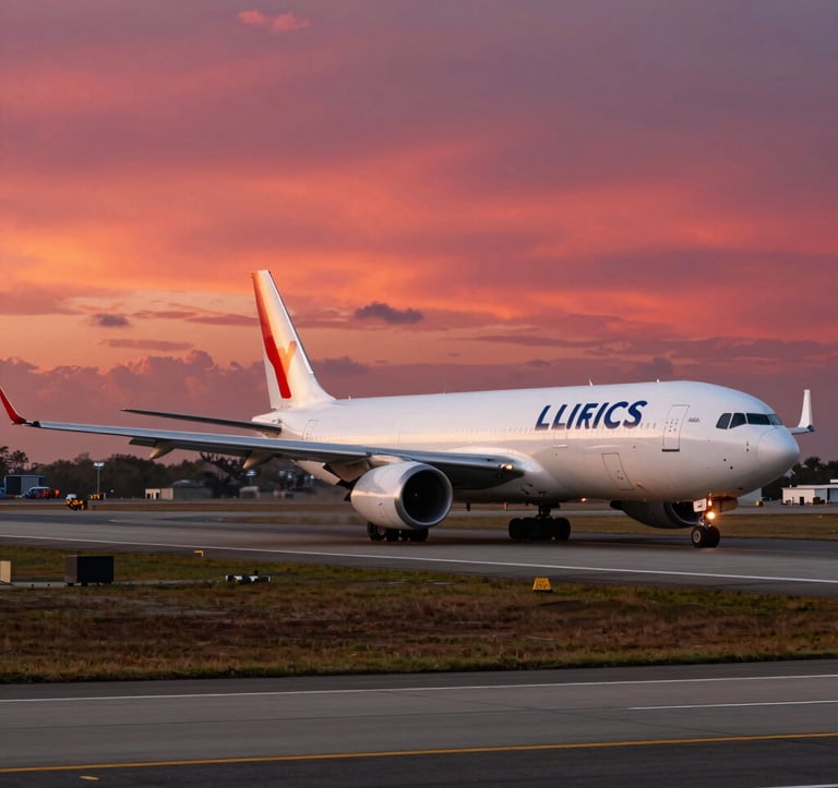 A wide-angle professional photograph of cargo planes on a runway in the Philippines, with sunset light casting a Deep Ripe Crimson glow. The scene conveys global connectivity and logistical expertise.