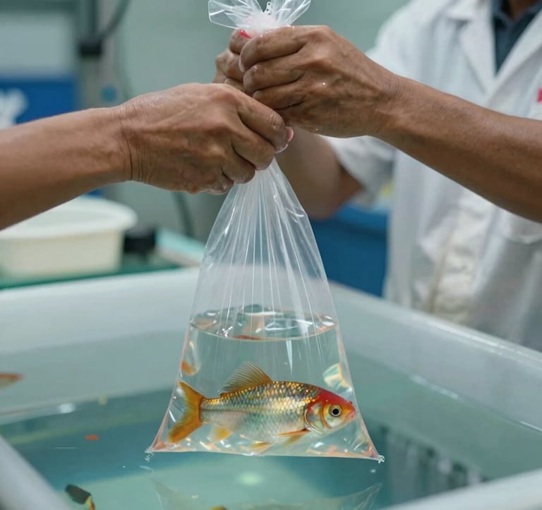 A close-up of professional hands in a Southeast Asian / Filipino facility preparing a clear bag of ornamental fish for transport. Soft lighting emphasizes the clarity of the water. Professional and careful handling in a clean environment.