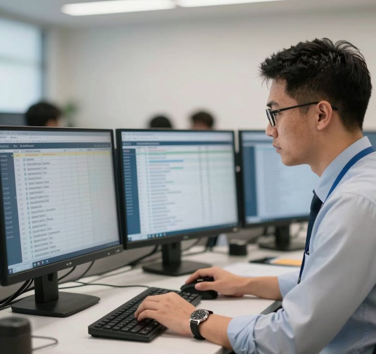 A professional Southeast Asian agency setting where a logistical coordinator is reviewing flight schedules on multiple monitors, with a blurred background showing a clean, sophisticated office.