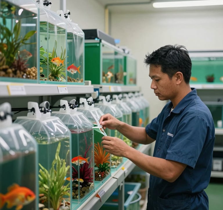 A focused shot of a Southeast Asian / Filipino professional inspecting a row of specialized oxygenated bags containing vibrant tropical fish in a clean, sophisticated shipping facility. Soft, natural lighting highlights the Crisp Parchment walls and Matte Forest Green equipment.
