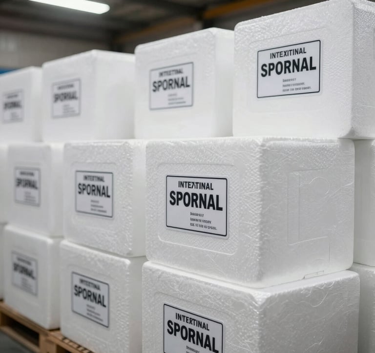 A close-up photograph of rows of professional styrofoam shipping boxes in a clean Southeast Asian warehouse, meticulously labeled for international export, lit by bright, clean overhead light.