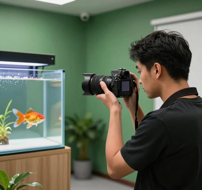 A behind-the-scenes shot in a bright studio office where a professional is using a high-end camera to photograph a rare goldfish in a display tank, Matte Forest Green walls in the background, professional Southeast Asian / Filipino agency setting.