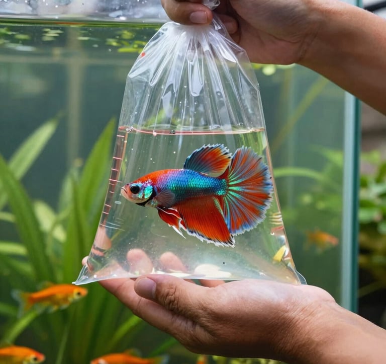 A close-up photograph of a Southeast Asian / Filipino ornamental fish breeder's hands gently holding a transparent bag containing a vibrant, high-quality betta fish, with the lush greenery of an outdoor fish farm in the soft-focus background.