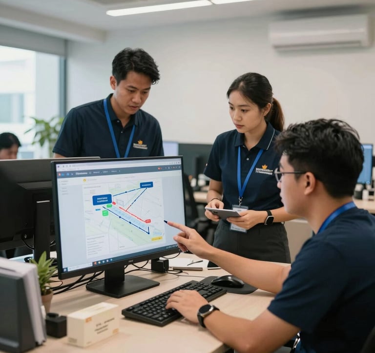 A candid shot of the Pinoy Transhipper agency staff in a modern office, planning shipping routes on a digital screen. The setting is Southeast Asian / Filipino, featuring a professional yet approachable team culture and Crisp Parchment decor.
