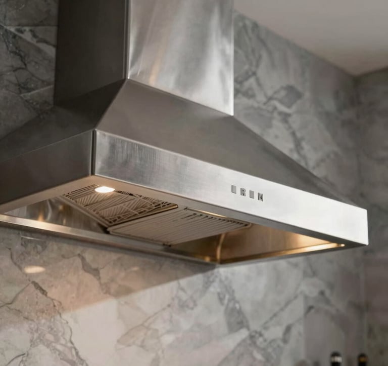 Close-up of a wall-mounted stainless steel hood in a luxury Brazilian kitchen. The finish is brushed inox with champagne lighting accents. High-end materials like marble and graphite are visible in the background.
