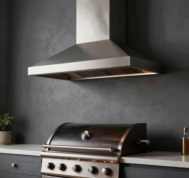A professional architectural photo showing a high-performance gourmet range hood above a premium Brazilian barbecue grill. The design is sleek, industrial, and integrated perfectly into a graphite-colored wall.