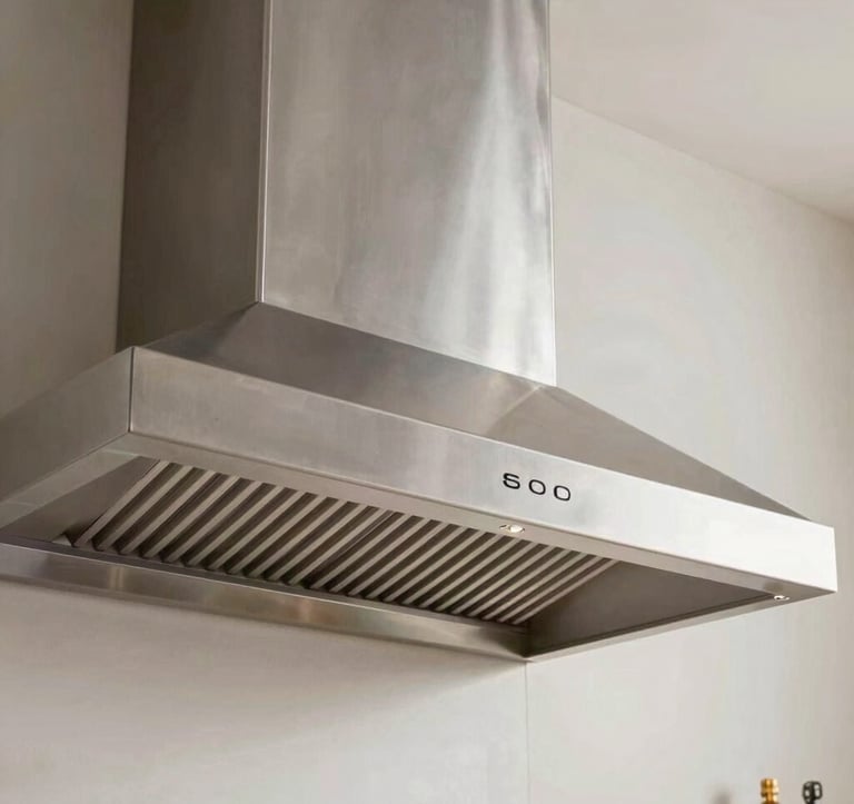 An architectural detail shot of a custom stainless steel range hood installed in a contemporary Brazilian gourmet area. The lighting emphasizes the brushed metal texture and the seamless joints of the custom engineering.