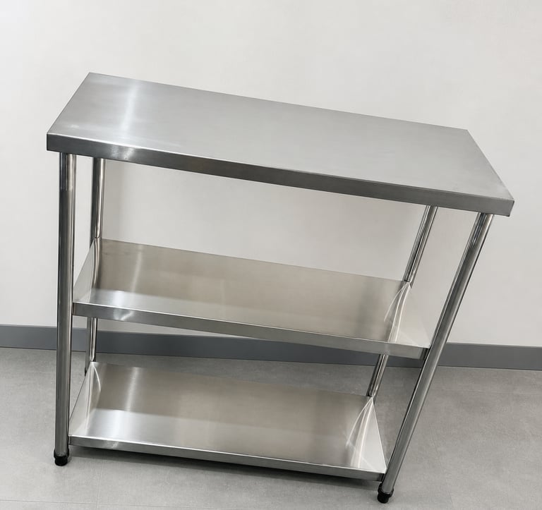 Mesa em inox com prateleiras inferiores para organização em cozinha profissional