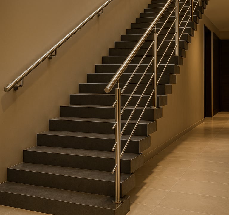 Corrimão em inox com acabamento premium instalado em escada residencial