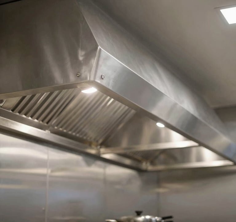 A professional kitchen interior in a high-end Brazilian restaurant, showcasing a large-scale, custom stainless steel hood system with clean geometric lines. The lighting is bright and technical, emphasizing the hygienic and robust nature of the professional inox equipment.