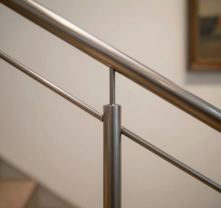 Close-up of a stainless steel handrail in a modern Brazilian art gallery. The focus is on the seamless joints and the elegant champagne-tinted reflections of the high-end interior lighting.