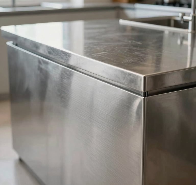 Detailed macro shot of a custom stainless steel kitchen island in a minimalist Brazilian home. The surface shows a fine horizontal brushed texture with no visible joints, reflecting soft daylight from a nearby window. The aesthetic is purely architectural and high-tech.