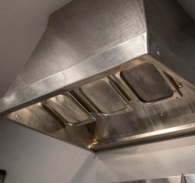 Close-up of a professional industrial kitchen hood in a high-end Brazilian restaurant. The stainless steel has a refined brushed finish, showing precision welding and high-performance inertial filters. Sophisticated technical lighting.