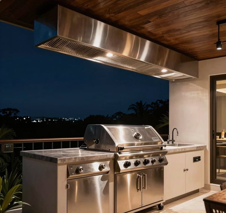 A luxury Brazilian outdoor gourmet balcony at night, featuring a professional-grade stainless steel exhaust system integrated into a dark wood ceiling. The scene includes a high-end grill area with warm champagne-colored accent lighting reflecting off the polished inox surfaces.