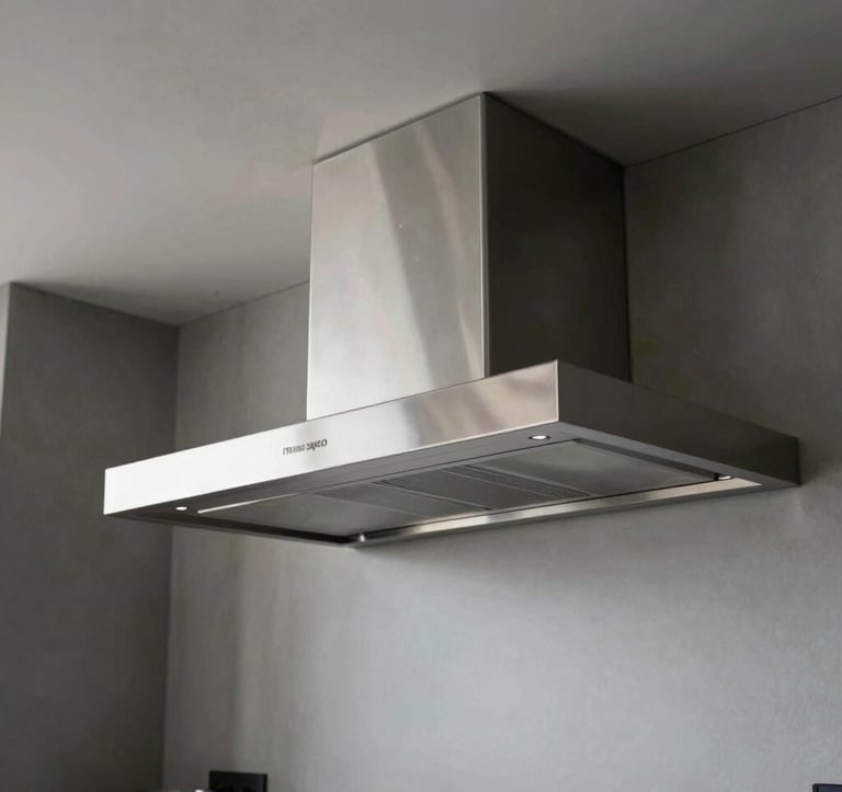 Clean and minimalist interior of a high-end Brazilian apartment. The kitchen features a custom-built stainless steel range hood seamlessly integrated into a graphite ceiling. The atmosphere is sophisticated and ultra-modern.