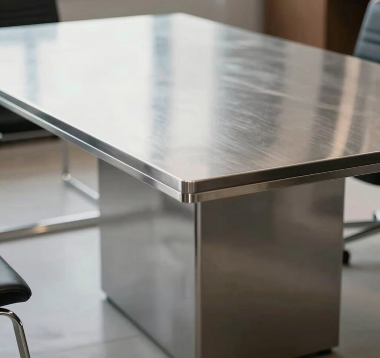 Detail of a custom-made stainless steel table in a modern executive office in Brazil. Minimalist design, clean lines, and a smooth, non-reflective surface that reflects a sophisticated corporate atmosphere.
