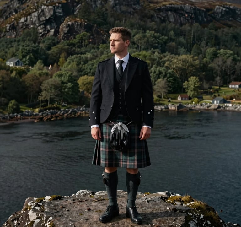 A Northern European / Scottish groom in a traditional wool kilt and formal attire standing on a rugged cliff overlooking a deep slate loch. The style is cinematic with moody shadows and a forest green backdrop.