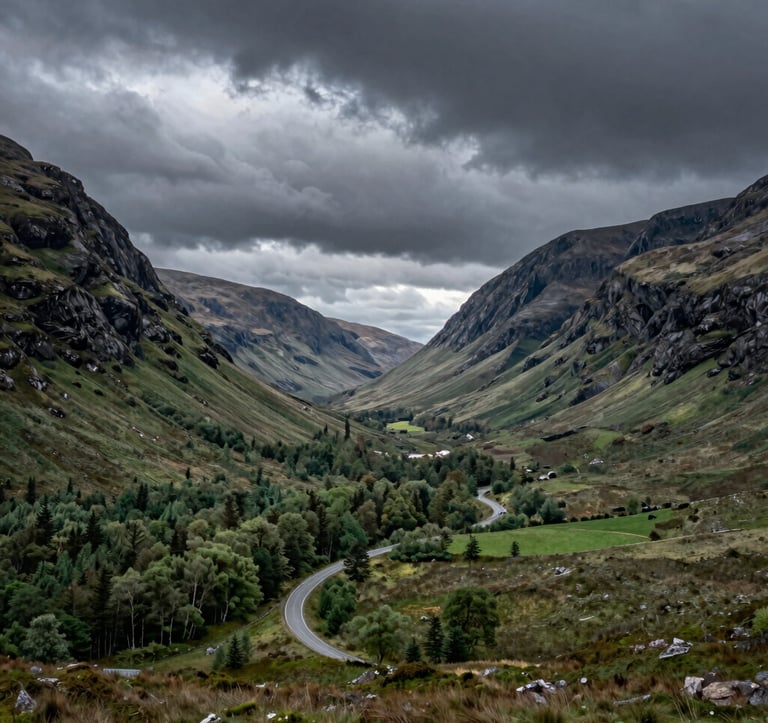 A wide cinematic landscape of a Northern European / Scottish glen. A winding road leads into a valley of forest green and muted sage green under a dramatic deep slate cloud formation.