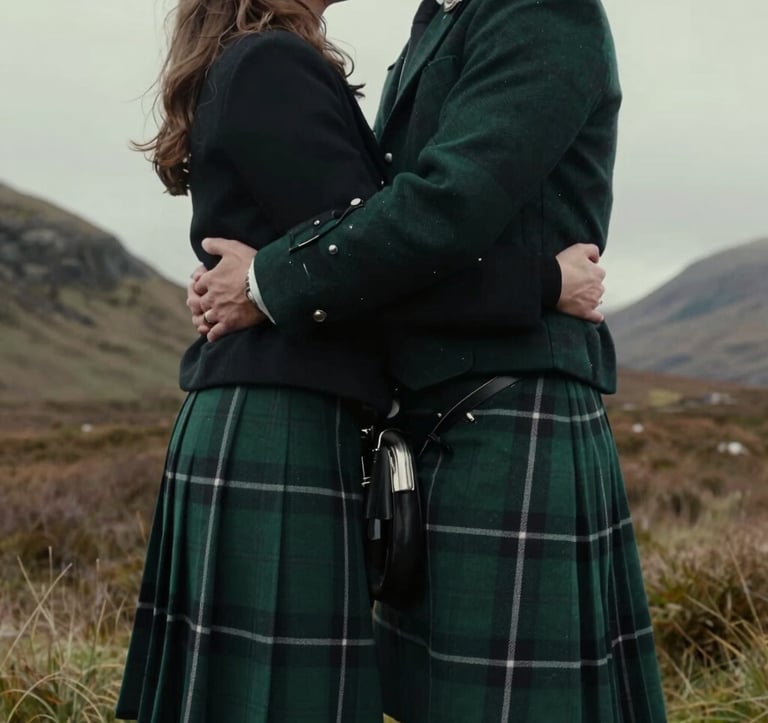A cinematic close-up of a couple embracing in a glen in the Scottish Highlands. The groom is wearing a traditional forest green tartan kilt. The lighting is soft and moody, emphasizing the romantic and Northern European / Scottish setting.