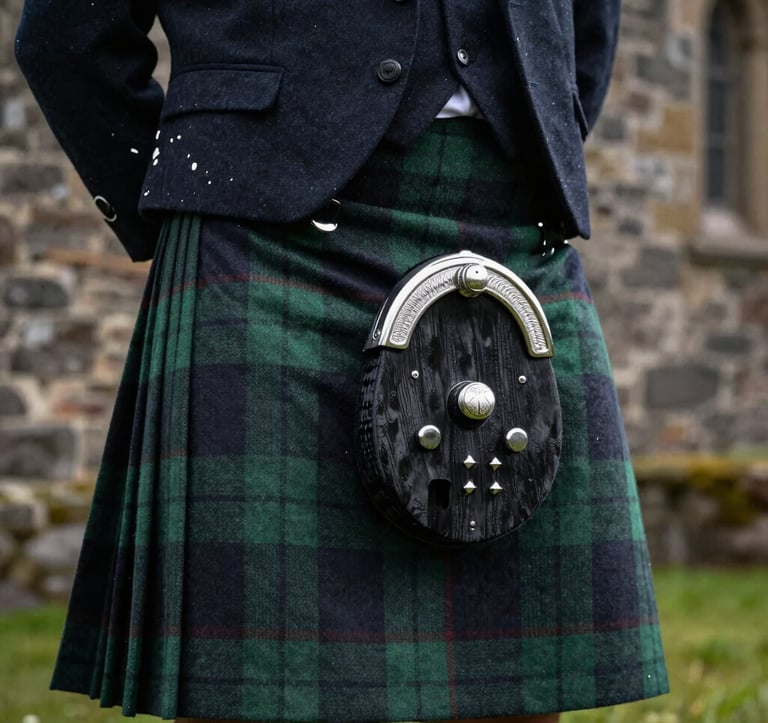 A moody, close-up shot of a groom’s traditional kilt and sporran in a Northern European / Scottish castle setting. The tartan features forest green and dark slate tones. Cinematic lighting highlights the rich texture of the wool and the stone background.