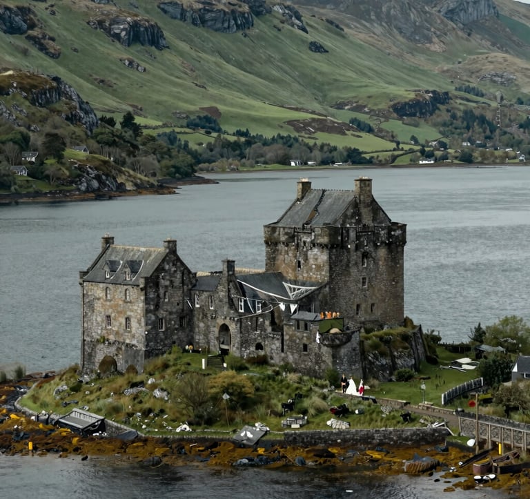 A cinematic high-angle shot of a historic Scottish castle on a remote isle. The water of the loch is a dark slate, and the surrounding hills are a lush, muted sage green. Two people in traditional Northern European / Scottish wedding attire are visible on the stone path.