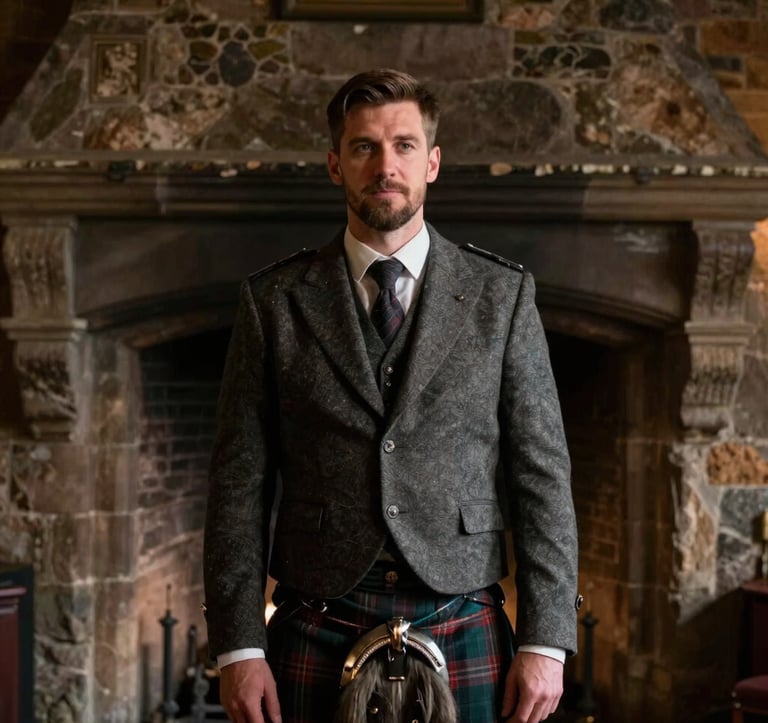 A close-up shot of a groom in a traditional Northern European / Scottish kilt standing before a massive stone fireplace in a historic castle. Cinematic low-key lighting highlighting the textures of the wool and ancient stone.