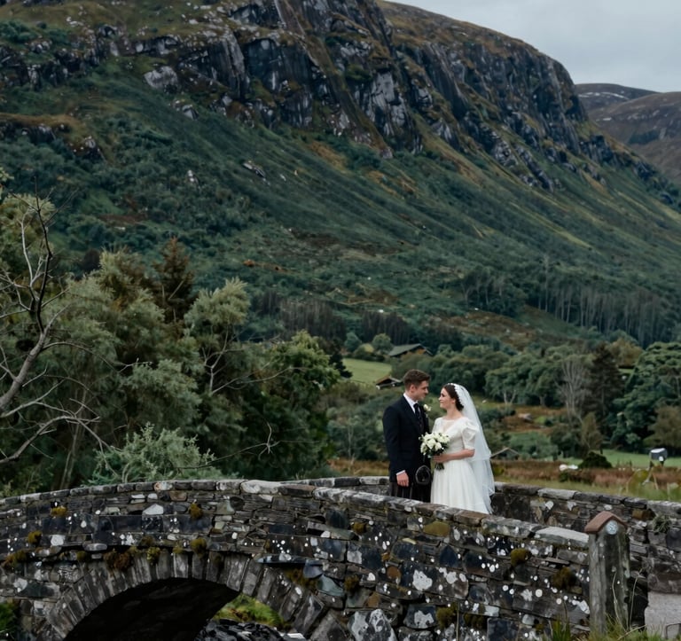 A wide cinematic shot of a couple standing on a stone bridge in the Scottish Highlands. The landscape is a mix of dark forest green and deep slate tones. The atmosphere is evocative of a traditional Northern European / Scottish wedding film.