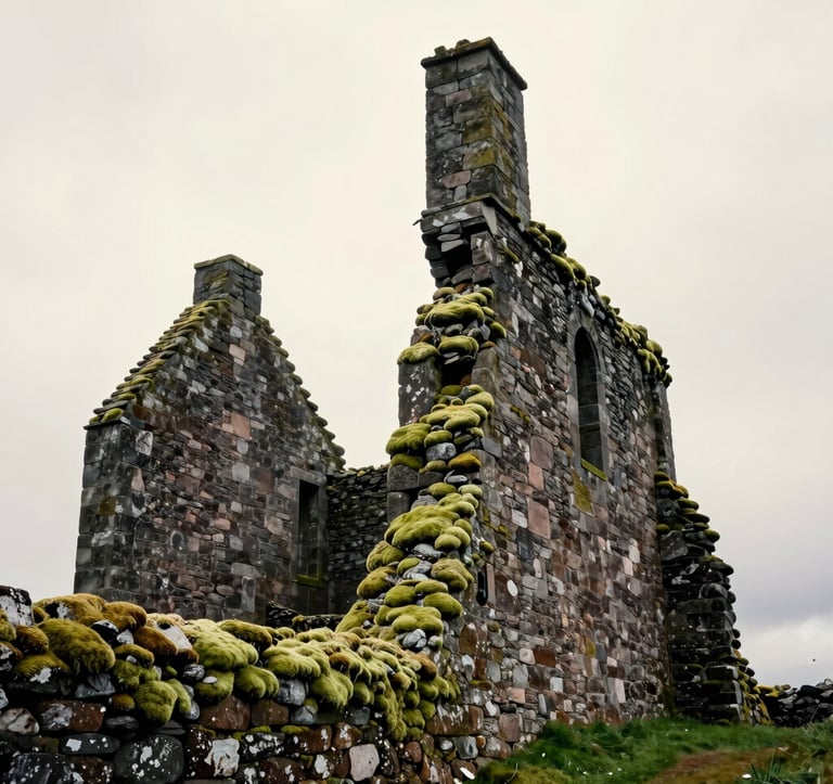 A cinematic shot of an ancient Northern European / Scottish stone castle ruin against a moody soft off-white sky. Muted sage green moss clings to the dark stones, creating a romantic, historic atmosphere.