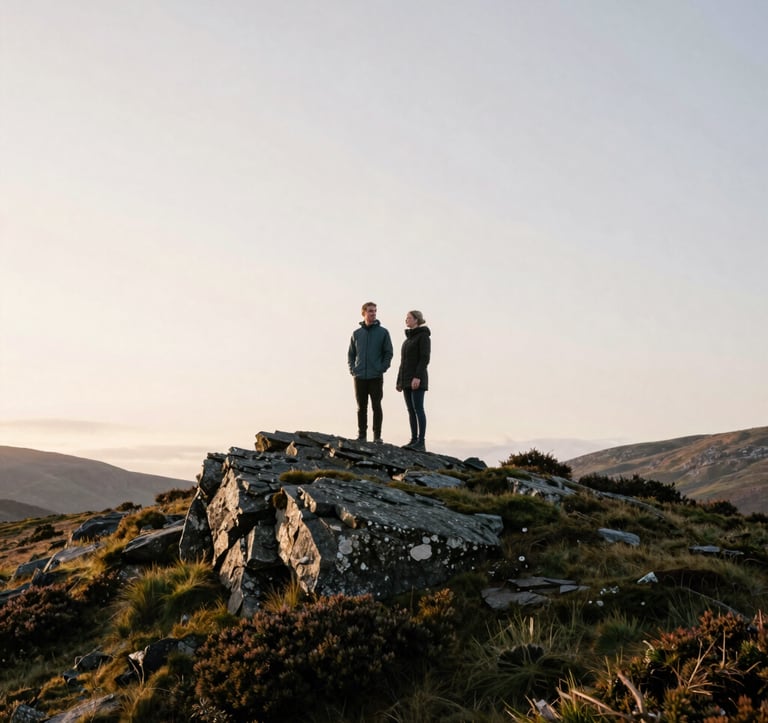 A Northern European / Scottish couple standing on a rugged hilltop at sunrise. The sky is a soft off-white. They are surrounded by sage green heather and dark slate rocks. The composition is expansive, showcasing the scale of the wild Scottish landscape.