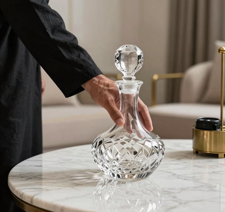 Photography of a man's hand in a modest, high-quality linen sleeve adjusting a heavy crystal decanter on a bone white marble table. The scene is bathed in soft, natural light, reflecting a Middle Eastern / Gulf luxury interior. Palette includes obsidian black and muted brass accents.