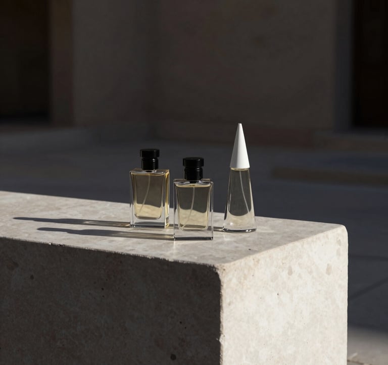 A minimalist composition featuring three architectural perfume bottles on a bone white stone plinth. Dark obsidian black shadows create a sharp, geometric feel. The setting suggests a luxury Middle Eastern / Gulf courtyard at dusk.