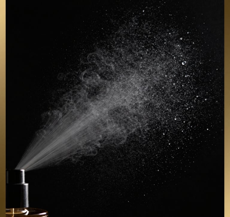 Macro photography of a fine fragrance mist captured in mid-air against an obsidian black backdrop. The lighting catches each droplet like tiny stars. Minimalist composition with a muted brass border detail, reflecting a high-end editorial aesthetic.