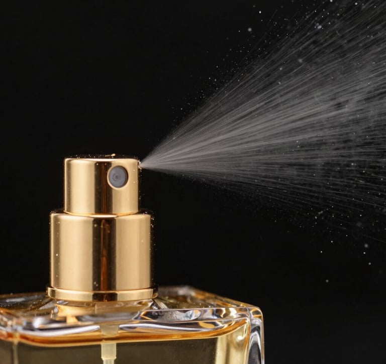 Close-up macro photography of a gold-toned perfume atomizer emitting a fine, deliberate spray. The backdrop is a solid obsidian black. The focus is sharp on the metal texture and the frozen droplets of the mist. Precise, luxury fragrance marketing style.