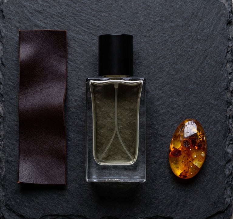 A top-down, minimalist flat lay of fragrance-related objects: a heavy glass bottle, a strip of dark leather, and a piece of raw amber on an obsidian black slate surface. Precise, high-end editorial style.