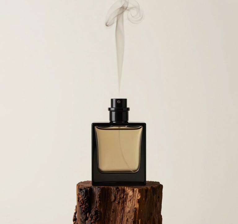 A minimalist editorial photograph of a heavy, square perfume bottle placed on a piece of dark polished wood. A wisp of smoke rises vertically in a straight, controlled line against a bone white background. Symmetrical and precise composition.