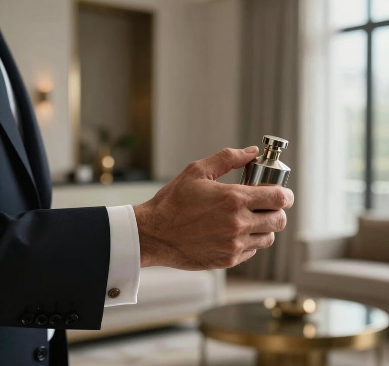 A refined, minimalist composition featuring a gentleman's hand in a crisp white cuff and dark tailored suit reaching for a heavy metal perfume cap. The background is a soft-focus Middle Eastern high-end residential interior. Muted brass accents and natural light create an air of quiet authority.