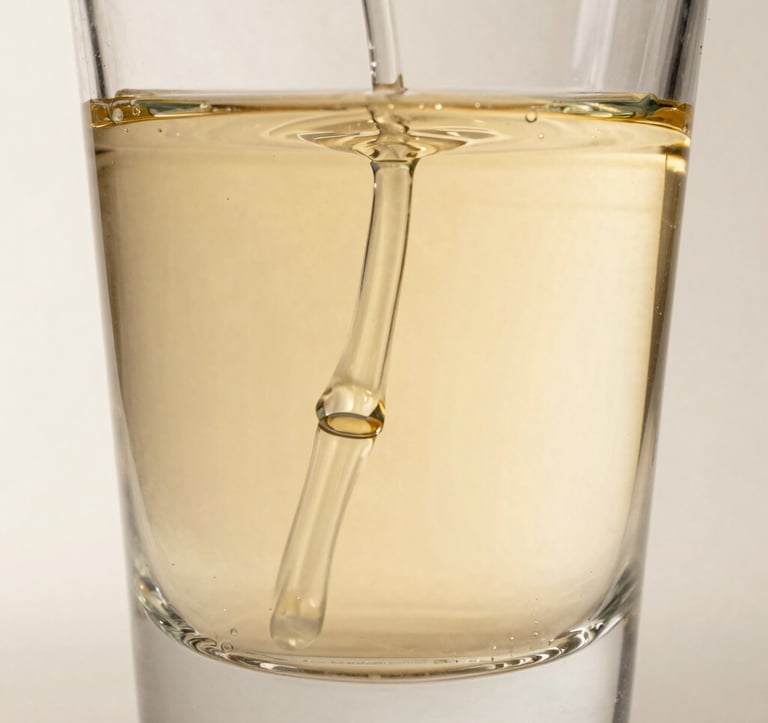 Macro photography of golden-hued perfume liquid diffusing through clear water in a crystal glass. The lighting is crisp and editorial, highlighting the fluid textures against a bone white background.