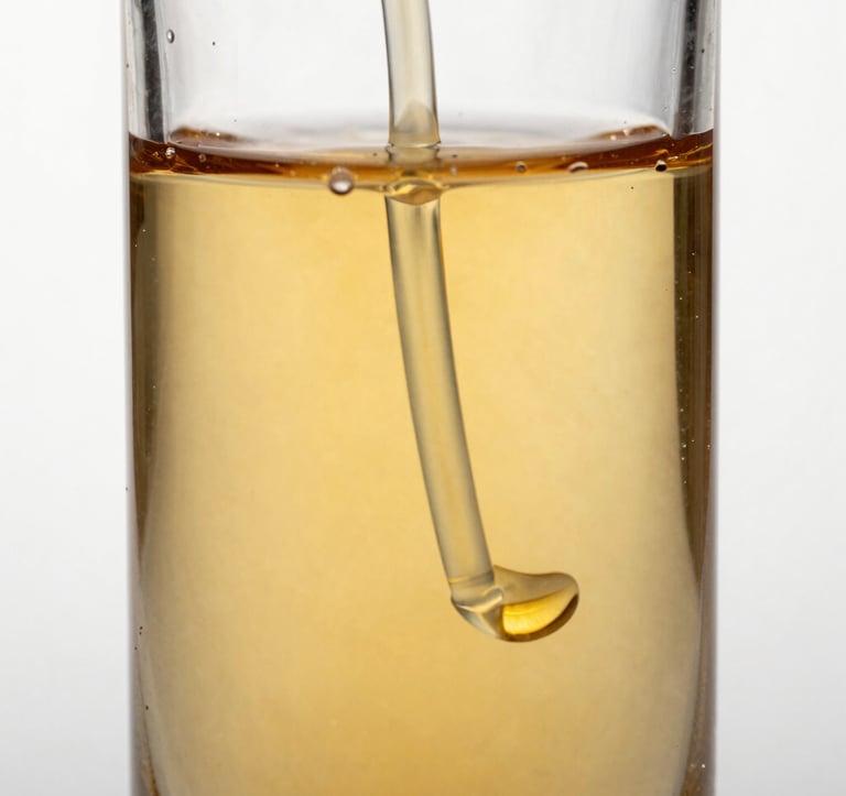 Macro shot of amber liquid swirling inside a glass vessel. The lighting highlights the viscous texture and golden hues of the perfume oil. A clean, bone white background keeps the focus on the movement of the liquid. Sophisticated and minimalist.