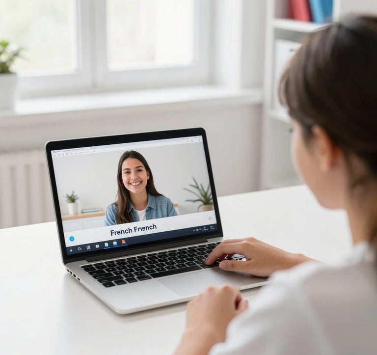 Over-the-shoulder view of a focused high school student participating in an online French tutoring session, split-screen laptop showing a smiling bilingual educator, bright natural daylight, clean white interior with subtle red and blue accents, shallow depth of field.