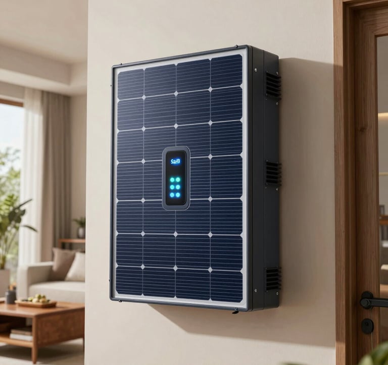 A high-tech hybrid solar inverter and smart battery storage system installed in a modern Indian home interior. The design is sleek with glowing indicator lights, emphasizing a luxury SaaS aesthetic and modern renewable energy technology.