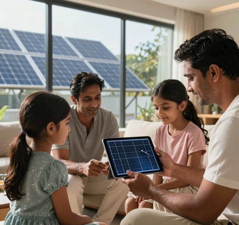 A high-end photography shot of a South Asian family looking at a solar savings chart on a digital tablet, sitting in a sunlit modern living room with glass walls overlooking solar panels.