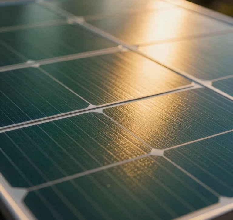 Extreme close-up of a high-efficiency monocrystalline solar panel reflecting a warm golden light. The surface shows a crisp crystalline texture with deep green and blue tones, suggesting premium quality and advanced technology.