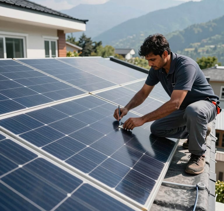 Close-up photography of professional South Asian technicians installing high-efficiency solar panels on a modern house rooftop in Uttarakhand, bright sunlight, blue and dark green aesthetic.