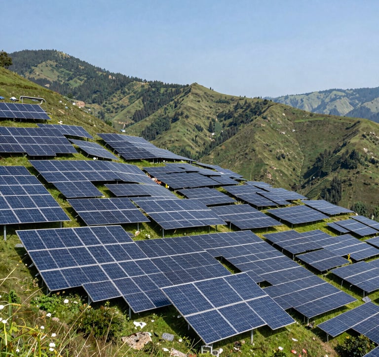 Wide-angle photography of a large-scale solar farm integrated into the green hills of Uttarakhand, South Asian landscape, under a clear bright sky, professional and sophisticated style.
