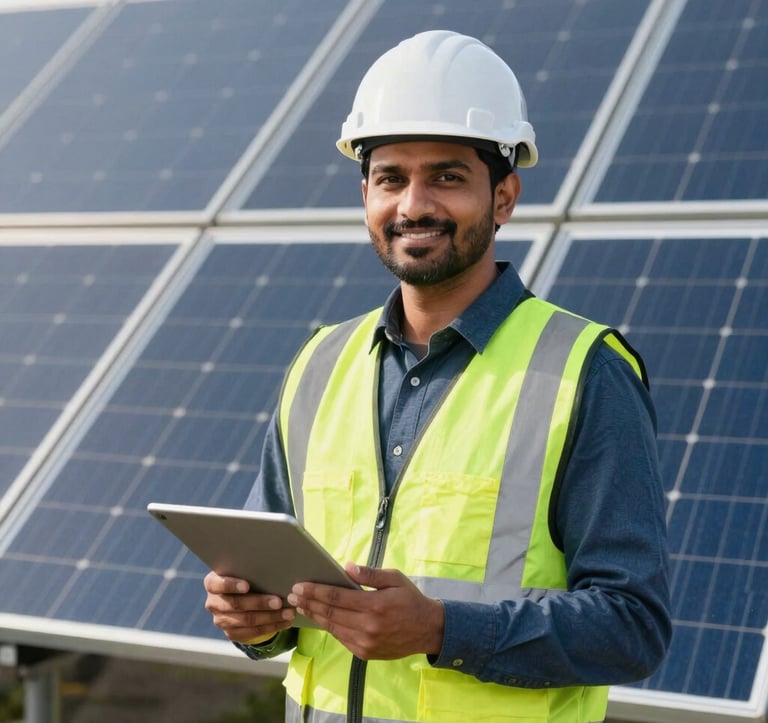A South Asian professional solar engineer in a high-visibility vest and helmet, carrying a tablet, standing in front of an array of solar panels. He is smiling confidently, representing trust and professional service.
