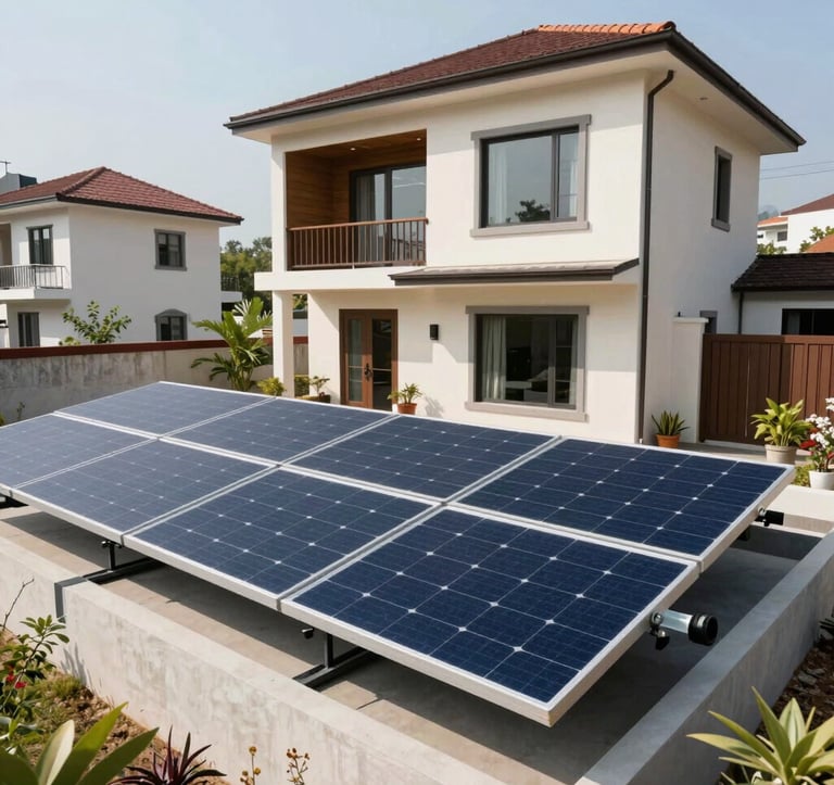 A wide shot of a contemporary Indian urban home in Uttarakhand with a newly installed on-grid solar power system. The scene is bright and professional, highlighting the integration of renewable energy into a high-end lifestyle.