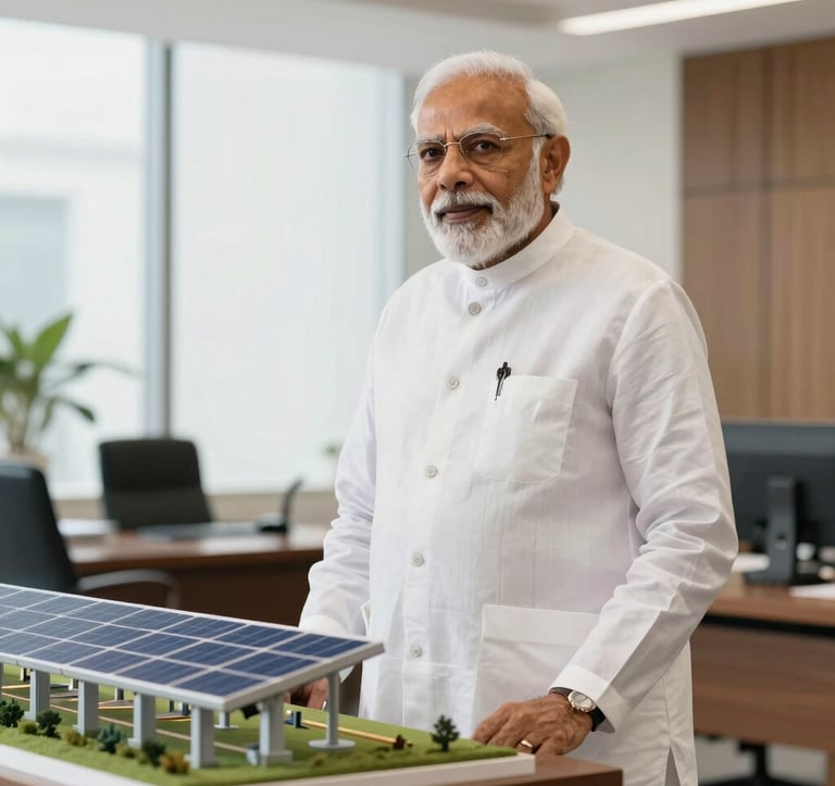 A professional portrait of a senior South Asian leader in a white traditional outfit, standing in a bright modern office with a model of a solar power plant on the desk, high-key lighting, soft white and golden tones.