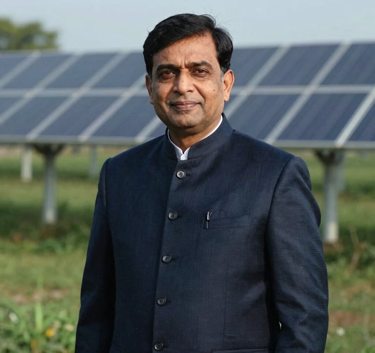 A formal portrait of a mid-aged South Asian politician in professional attire against a blurred background of a renewable energy farm, cinematic lighting, dark blue and forest green color palette.