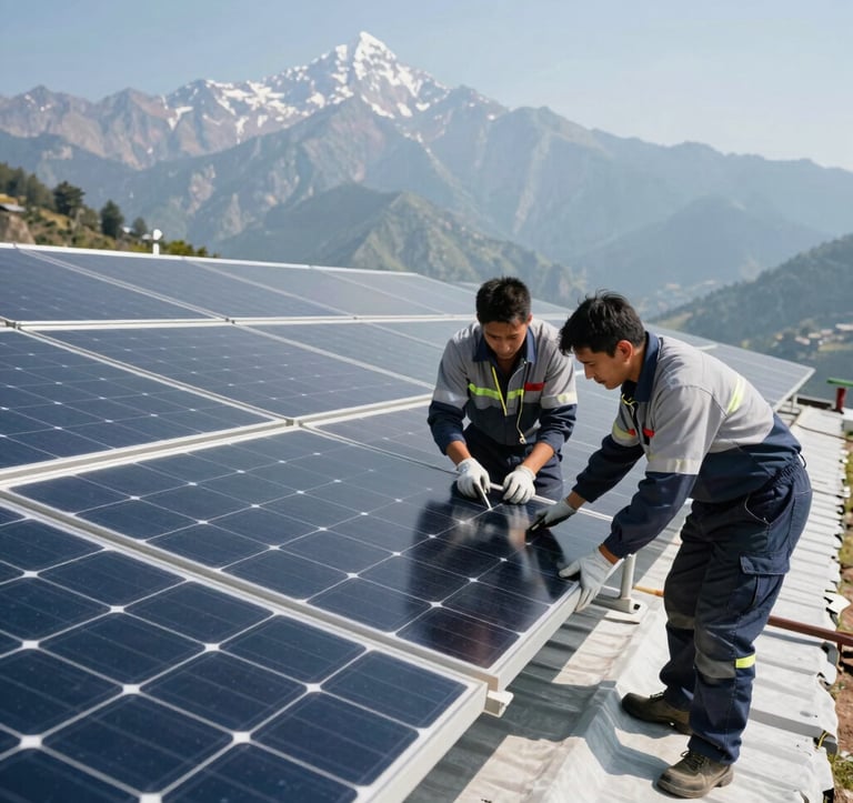 A professional solar maintenance team in the Uttarakhand region, performing a quality check on a modern rooftop solar plant. The scene is bright and professional, showing clean solar panels against a clear mountain horizon, emphasizing premium service and green energy.