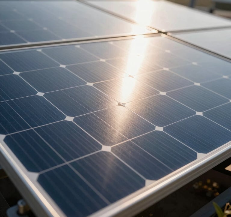 A close-up shot of high-quality monocrystalline solar panels with a glossy finish, reflecting the morning sun. The style is premium and professional, showcasing the durability and advanced technology of Pranav Solar Systems.